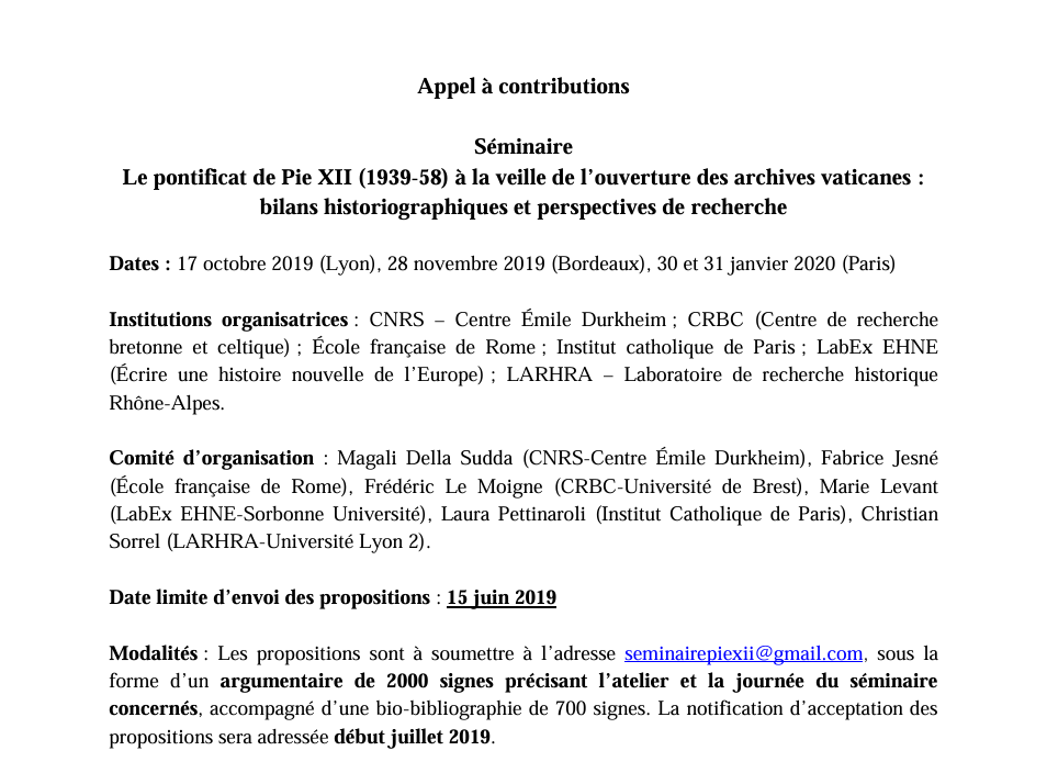 Call for paper_Le pontificat de Pie XII (1939-58) à la veille de l’ouverture des archives vaticanes : bilans historiographiques et perspectives de recherche