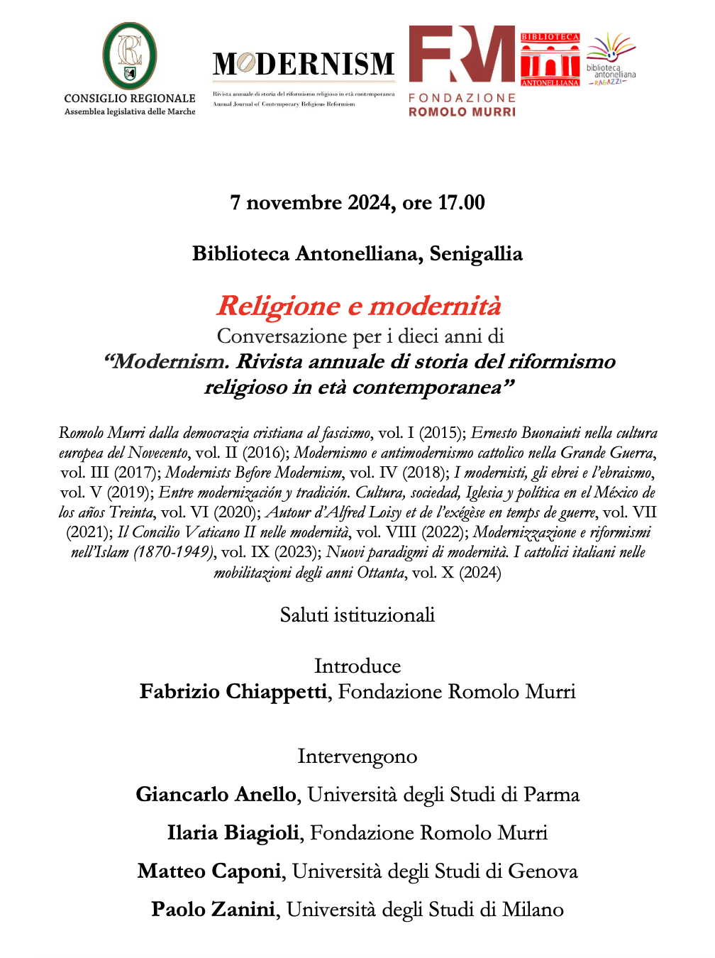 Religione e modernità – Seminario per i dieci anni di ‘Modernism’ | Senigallia, 7 novembre 2024